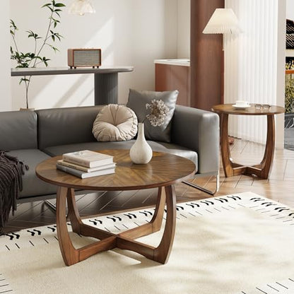 Mid Century Modern Round End Side Table Living Room, Walnut End Table Solid Wood Side Table, 23.6" Dia. Large Drum End Table Circle Nightstand Bedroom, Easy Assembly, Brown Walnut CJZ-3223