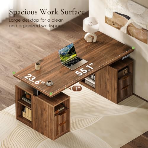 Fluted 55 Inch Electric Standing Desk with 2 Storage Cabinet, Walnut, view 5