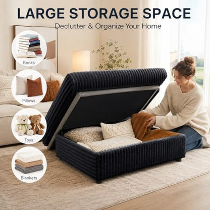 35.3" Corduroy Ottoman with Storage Oversized Ottoman for Modular Sectional Couches Foot Rest Stool with Hidden Compartment for Living Room, Apartment (Black, 35.3")