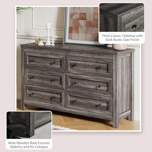 5-Piece Farmhouse Bedroom Set, 1 X Queen Size Bed Frame, 1 X 5 Drawer Dresser, 1 X Wood Rustic 6 Drawer Storage Dresser, Nightstand Set of 2 with Charging Station, Bedroom Furniture Set, Grey