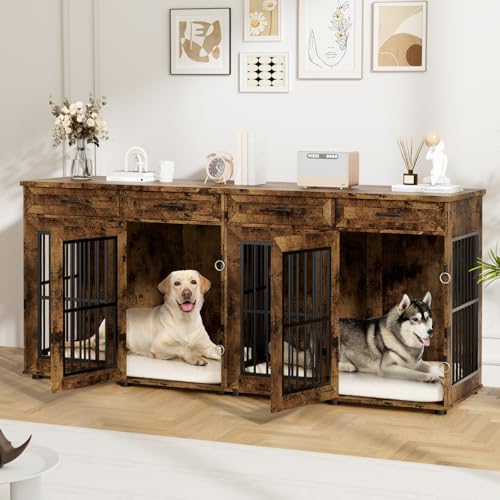 87" Dog Crate Furniture for 2 Dogs, Double Dog Cage Furniture, Brown, view 2