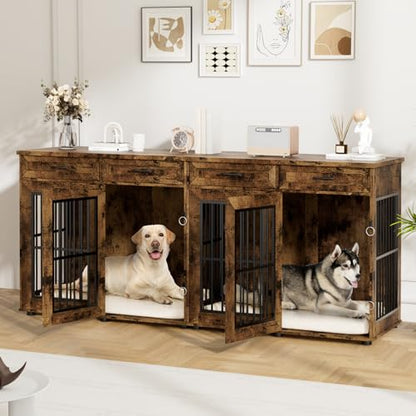 87" Dog Crate Furniture for 2 Dogs, Double Dog Cage Furniture, Brown, view 2