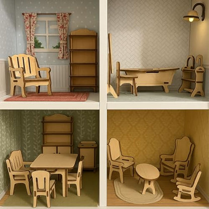 34 PCS DIY Wooden Dollhouse Furniture Set, 1:20 Scale Miniature Room Accessories for Kitchen Living Room Bathroom for DIY Crafts Project
