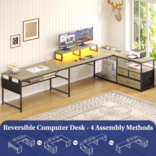 102“ L Shaped Gaming Desk with 3 Drawers & LED Light & Power Outlet, view 6