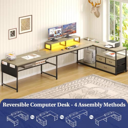 102“ L Shaped Gaming Desk with 3 Drawers & LED Light & Power Outlet, view 6