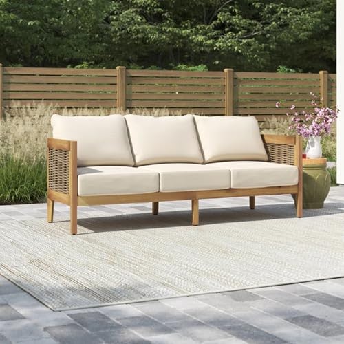 76.5" Outdoor Acacia Wood Wicker 3 Seater Sofa, Patio Furniture Couch for Backyard