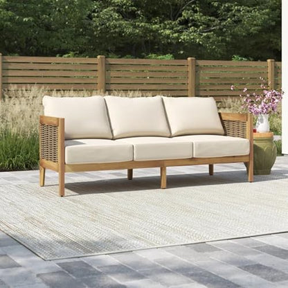 76.5" Outdoor Acacia Wood Wicker 3 Seater Sofa, Patio Furniture Couch for Backyard
