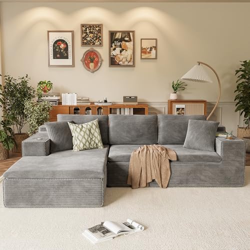 109" Boneless Couch with Memory Foam, Modular Sectional Sofa with L-Shape Chaise, Cloud Couch with Deep Seat, Dual Cup Holders & Side Pockets, No Assembly Required (Gray)
