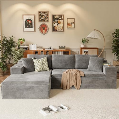 109" Boneless Couch with Memory Foam, Modular Sectional Sofa with L-Shape Chaise, Cloud Couch with Deep Seat, Dual Cup Holders & Side Pockets, No Assembly Required (Gray)