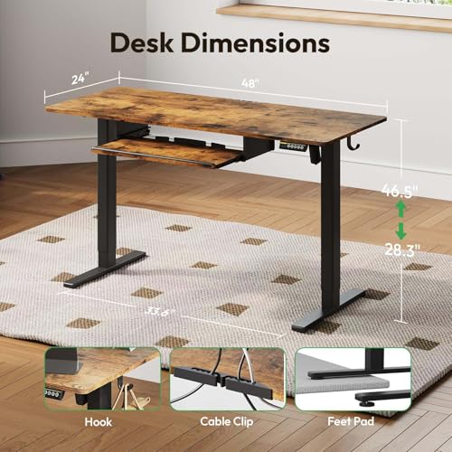 Electric Standing Desk with Keyboard Tray,48x24 inches Adjustable Height Stand Up Desk,3 Preset Heights,Equipped with Hooks,Raising Desks for Home Office and Computer Workstation,Black