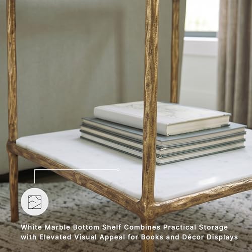Signature Design by Ashley Ryandale Square Accent Table for Living Room, Sand‑Casted Aluminum Frame With Brass Finish, Glass Top and White Marble Shelf, 21" Size
