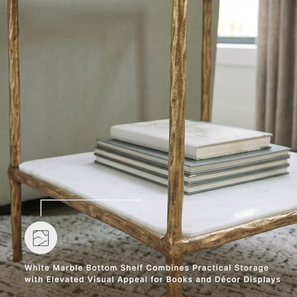 Signature Design by Ashley Ryandale Square Accent Table for Living Room, Sand‑Casted Aluminum Frame With Brass Finish, Glass Top and White Marble Shelf, 21" Size