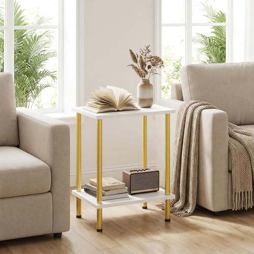 End Tables Set of 2, Small Side Table, Nightstand with 2-Layer Storage Shelves, Sofa Table for Small Spaces, Living Room, Bedroom, Stable Frame, Easy Assembly, White and Gold DW09BZP201