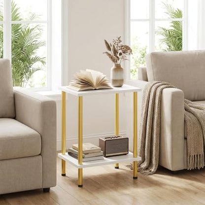 End Tables Set of 2, Small Side Table, Nightstand with 2-Layer Storage Shelves, Sofa Table for Small Spaces, Living Room, Bedroom, Stable Frame, Easy Assembly, White and Gold DW09BZP201