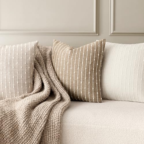 Pack of 2 Decorative Jacquard Boucle Throw Pillow Covers Accent Textured Striped Pillowcases Cozy Modern Cushion for Couch Sofa Bedroom Living Room Home Decor 18x18 Inch Natural Beige