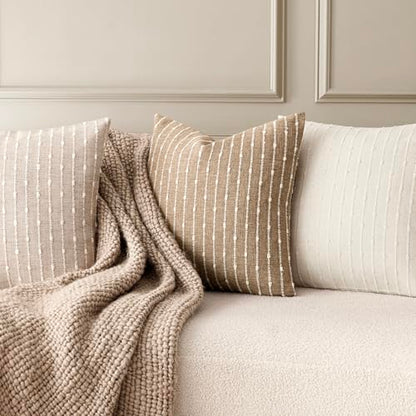Pack of 2 Decorative Jacquard Boucle Throw Pillow Covers Accent Textured Striped Pillowcases Cozy Modern Cushion for Couch Sofa Bedroom Living Room Home Decor 18x18 Inch Natural Beige
