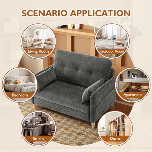 47" Small Sofa Couch for Bedroom, Soft Chenille loveseat Mini Couch with Throw Pillow and Removable Cushion Cover for Small Spaces, Living Room, Apartment, Dorm, Office(Dark Grey)