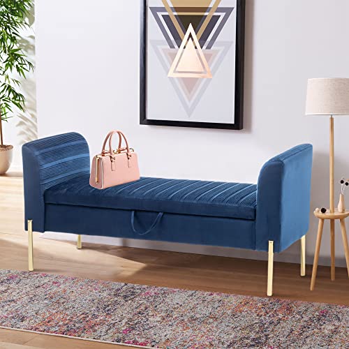 Storage Bench,Upholstered Storage Ottoman Bench,Modern Bed Bench Entryway Bench with Gold Legs for Bedroom Living Room Blue