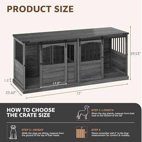 72" Double Dog Crate Furniture, Extra Large Dog Kennel with Barn, view 8