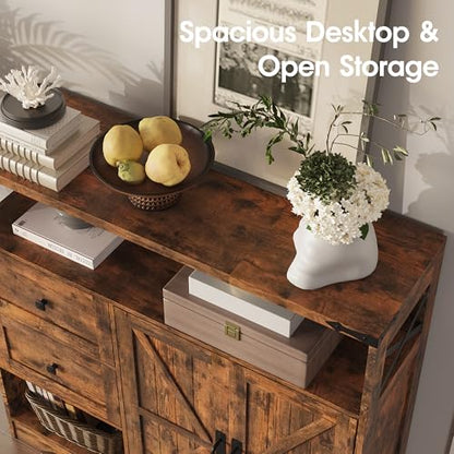 Farmhouse Storage Cabinet with Drawers and Open Storage, Brown | Freestanding Kitchen Pantry With 2 Barn Doors, Floor Cabinet With Adjustable Shelf for Living Room, Dining Room