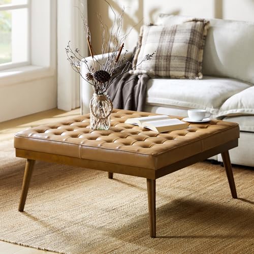 36" Genuine Leather Square Tufted Ottoman Coffee Table, Camel | 100% Genuine Leather, Button Tufted Style, Solid Wooden Flared Legs, Mid-Century Modern Extra Seating for Living Room