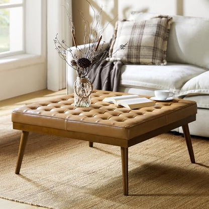 36" Genuine Leather Square Tufted Ottoman Coffee Table, Camel | 100% Genuine Leather, Button Tufted Style, Solid Wooden Flared Legs, Mid-Century Modern Extra Seating for Living Room