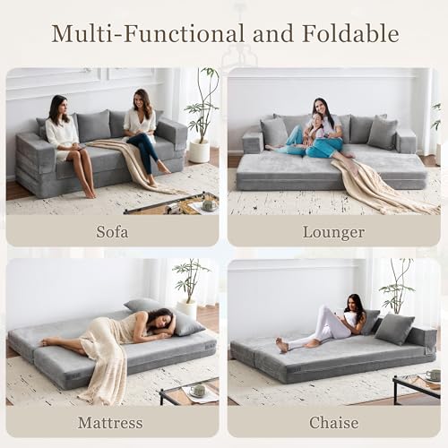 79" Convertible Folding Sofa Bed Queen, Sleeper Sofa Couch with Armrest and Pillows, Chenille Fold Out Floor Chaise Lounge, Comfy Foldable Futon Mattress for Living Room, Bedroom (Grey 7.87")