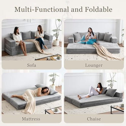 79" Convertible Folding Sofa Bed Queen, Sleeper Sofa Couch with Armrest and Pillows, Chenille Fold Out Floor Chaise Lounge, Comfy Foldable Futon Mattress for Living Room, Bedroom (Grey 7.87")