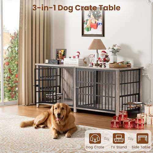 78" Dog Crate Furniture for 1 or 2 Dogs, Double Dog Crates, Grey, view 4