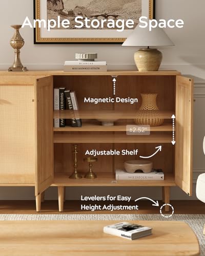 Accent Storage Cabinet Sideboard with Rattan Doors, Boho Buffet Kitchen Bar Cabinet Farmhouse Credenza Cabinets with Adjustable Shelves for Dining Room (Square Doors/Oak)