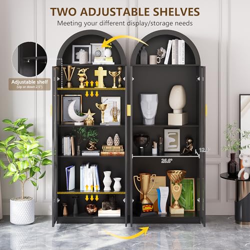 Arched Display Cabinet with Doors, 76" Tall Curio Cabinet with Adjustable Shelves/3 Colors LED Lights, 6 Tier Display Case for Collectibles Bedroom Living Room Office, Black