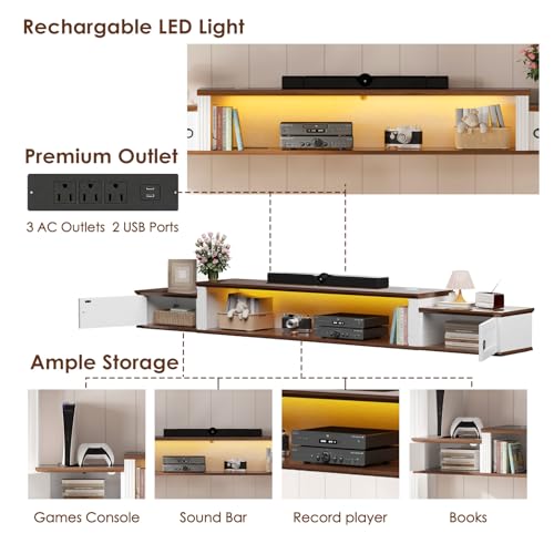 Farmhouse Floating TV Stand for 80" TVs, with LED Light & Outlet, view 5