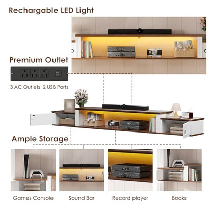 Farmhouse Floating TV Stand for 80" TVs, with LED Light & Outlet, view 5