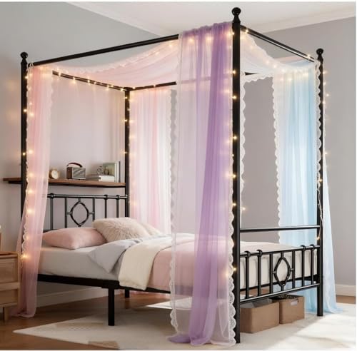 Full Size Canopy Bed Frame with Storage Headboard,Noise-Free,Black, view 4