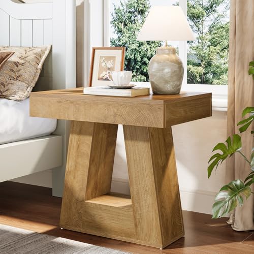Two-tier wooden nightstand with trapezoid base
