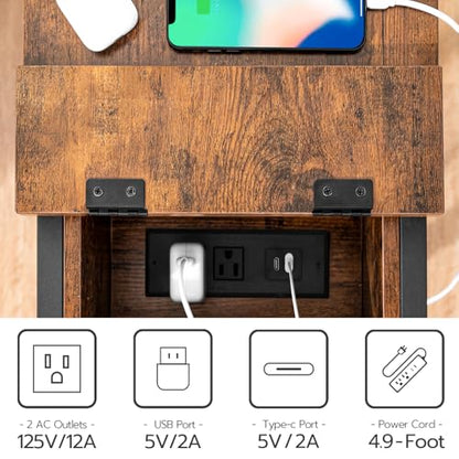 End Table with Charging Station, Narrow Side Table, Small Nightstand, Bedside Tables with Drawer and Storage Shelves, for Small Spaces, Living Room, Bedroom, Rustic Brown and Black BF041BZ01G1