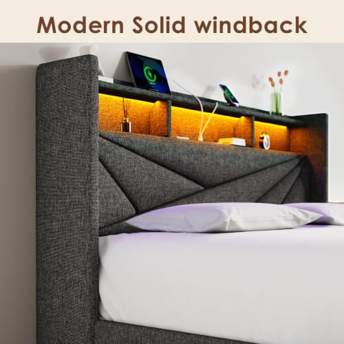 King Size Bed Frame with 2 Storage Drawers, Upholstered Headboard, LED Light, view 7
