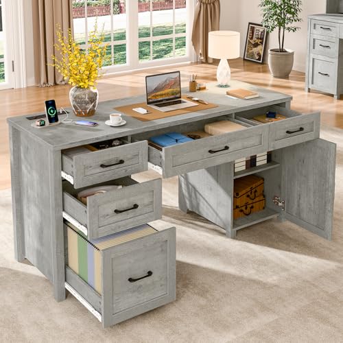 Farmhouse 61'' Executive Desk with 5 Drawers, Rustic Office Desk Computer Desk with Charging Station, File Drawers and Storage Cabinet, Wood Workstation for Home Office and Study, Gray