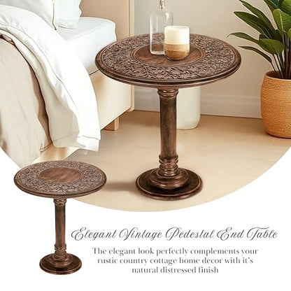 Wooden End Table for Living Room - 18x22 Burnt Finish Carved Side Table, Single Pillar Nightstand, Bedside Table for Books, Plants, Magazines, Small Space Accent Table