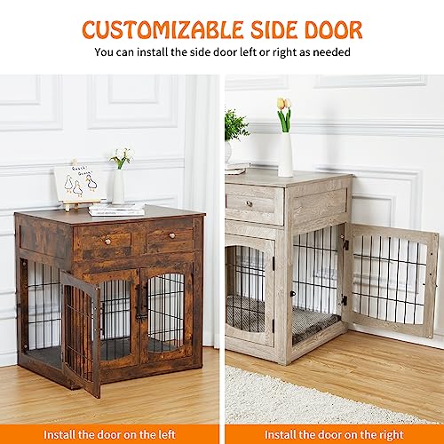 Dog Crate Furniture with Cushion, Wooden Dog Crate Table with 2 Drawers, view 5