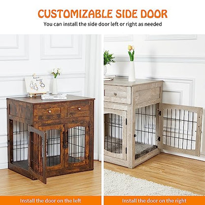 Dog Crate Furniture with Cushion, Wooden Dog Crate Table with 2 Drawers, view 5