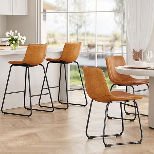 Bar Stools Set of 4, 26" PU Leather Counter Height Barstool, Brown, view 5
