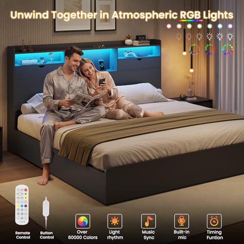 King Bed Frame with Storage Headboard and 4 Underneath Drawers, view 6