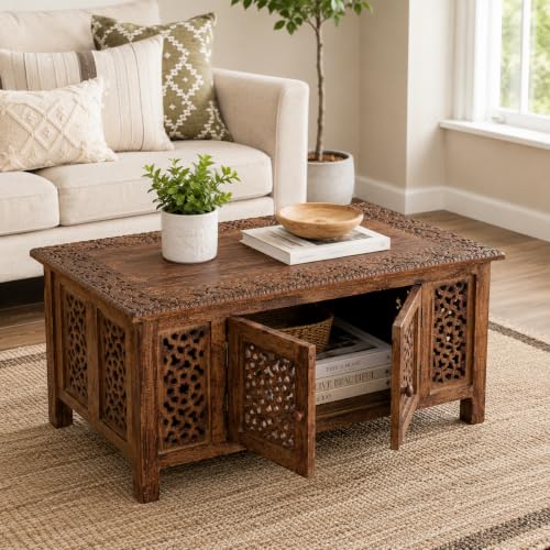 Hand-Carved Wooden Coffee Table – 36x18” Rectangular Mango Wood Center Table with Storage, Natural Burnt Finish, Living Room & Accent Table