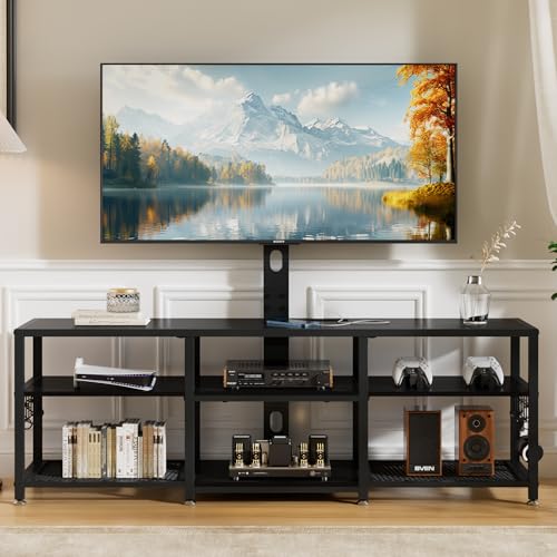 TV Stand with Mount and Power Outlets, Entertainment Center for 55/60/65/70/75 inch TVs, Height Adjustable Media Console with Storage Shelves, for Living Room, Bedroom, Black