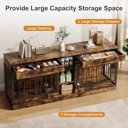 Dog Crate Furniture for 2 Dogs, Dog Kennel Indoor with Storage and Feeding Bowls, view 5