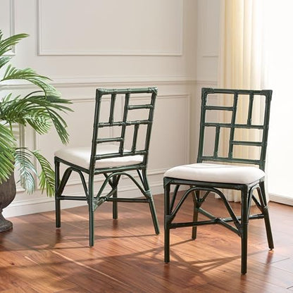 SAFAVIEH Furniture - Christine Set of 2 Dining Chairs - White & Forest Green - Upholstered Rattan Seating - Fully Assembled - Ideal for Dining Room, Kitchen, 17.3" Seat Height (ACH6507E-SET2)