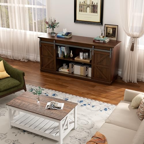 TV Stand for Televisions up to 65 Inches, with Sliding Barn Doors and Storage Cabinets, Console Table and Media Furniture for Living Room, 58 Inch, Espresso
