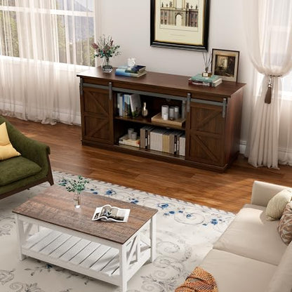 TV Stand for Televisions up to 65 Inches, with Sliding Barn Doors and Storage Cabinets, Console Table and Media Furniture for Living Room, 58 Inch, Espresso