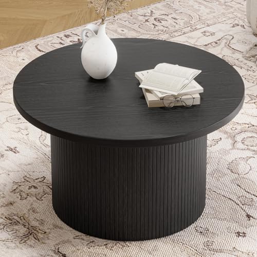 31.5" Round Coffee Table, Tambour Design Coffee Tables for Living Room, Mid Century Modern Wood Coffee Table, Drum Accent Small Center Table, Black